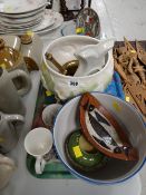 A large lily decorated planter, brass pestle & mortar plus another, Alice in Wonderland tray etc