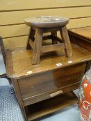A vintage sewing / work table with lift up top together with a novelty 'cat stool'