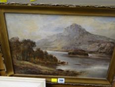 Framed oil on canvas of cattle watering in a highland landscape