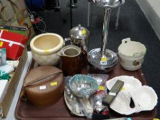 A chrome smoker's companion, sundry items of pottery, a vintage leather collar box etc