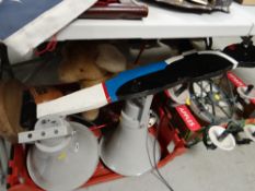 A pair of Adastra line horn speakers, a wooden restaurant 'waiter' & a pull along vintage soft toy