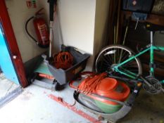 A Flymo Hover electric lawn mower together with a Black & Decker electric lawn racker E/T