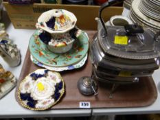 Tray of various china together with an EPNS spirit kettle