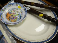 Two vintage policeman's truncheons, two platters & a Chinese bowl