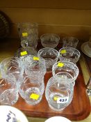 A tray of various glassware including sundae dishes, cut glass vase etc