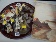 Parcel of collectables including beads, coinage, brass tuning fork, flatware etc