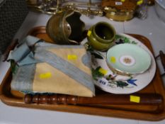 Tray of various items including policeman's truncheon, wooden tray, Masonic apron etc