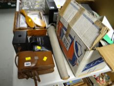 A boxed Kinay 816 reel-to-reel cinefilm viewer together with vintage Kodak cameras & tripod camera