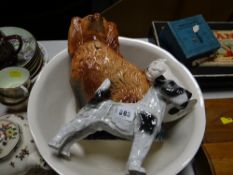 A Newhall Staffordshire wash bowl, Staffordshire dog, Beswick terrier & one other