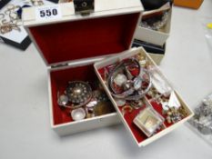 A vintage jewellery box with contents in two layers including coinage & brooches plus boxed EPNS