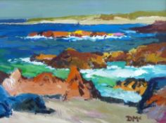 DONALD McINTYRE oil - sunny rocky shore, signed with initials, 19 x 27cms