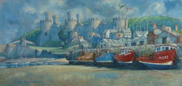 R SCARFF watercolour - trawlers on the Quay with tide out at Conwy with Castle in the background,