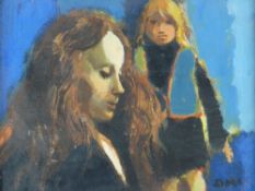 DONALD McINTYRE oil on board - two young long haired girls, signed with initials, 20 x 24.5cms (