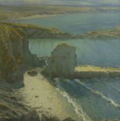 DAVID WOODFORD watercolour - rocky coastalscape, signed and entitled label verso 'White Sands Bay,