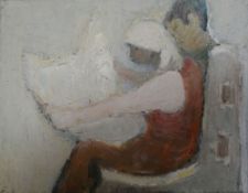 WILL ROBERTS oil - two figures, one reading a newspaper with the other behind, entitled verso '