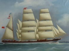 MARITIME SCHOOL oil on canvas laid on board - the threemaster 'Maelgwyn' in calm seas, 41 x 54 cms