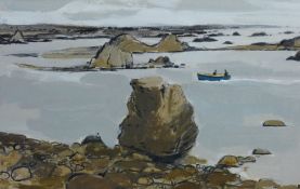 DONALD McINTYRE acrylic on board - rocky coastal scene with two men in a rowing boat, signed with