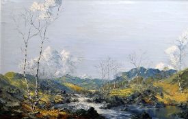 CHARLES WYATT WARREN oil on board - Snowdonia landscape near Harlech, entitled verso 'River near Cwm