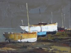 DONALD McINTYRE oil on board - colourful beached boats, signed with initials and entitled original