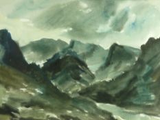SIR KYFFIN WILLIAMS RA colour wash - stormy Nant Ffrancon, signed with initials, 36 x 55cms