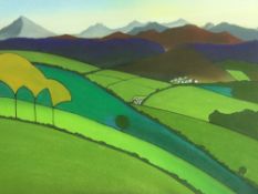 TOM JONES watercolour - expansive North Wales landscape with Snowdon and adjoining range,