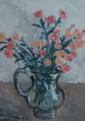 LAUREN LINDEE acrylic - still life, flowers in a jug, signed, 28 x 18cms