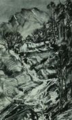 ALED PRICHARD JONES mixed media - the Ogwen Falls and Tryfan, signed with initials, 30 x 18.5cms