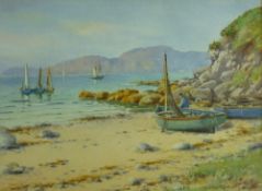 WARREN WILLIAMS ARCA watercolour - Anglesey coastal scene with numerous boats and fisherman with