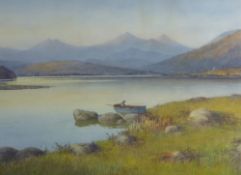 WARREN WILLIAMS ARCA watercolour - Llyn Mymbyr and the Snowdon Horseshoe with fisherman in his