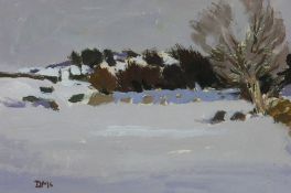 DONALD McINTYRE oil on board - landscape under snow, signed with initials, 21.5 x 33cms