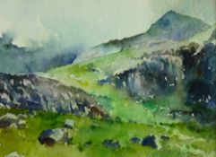 DAVID GROSVENOR watercolour - misty landscape 'Bwlch, Llanberis', signed, 17 x 24 cms