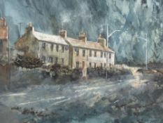 BOB ARMSTRONG watercolour - Blaenau Ffestiniog street and terrace of houses with slate backdrop,
