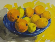 DAVID GROSVENOR watercolour - still life oranges and lemons etc in a blue bowl, signed and dated