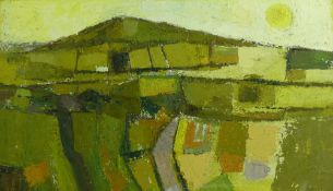 ELIS GWYN (JONES) oil on board - landscape with pattern of fields, signed with initials and on label