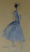 VALERIE GANZ mixed media - study of a standing ballet dancer in blue costume, signed, 35 x 21 cms