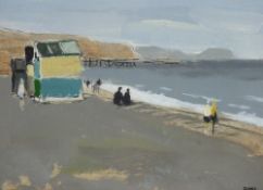 DONALD McINTYRE early oil on board - coastal scene with beached huts and figures and Little Orme
