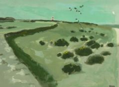 DONALD McINTYRE early oil on board - beach scene with small flock of oyster catchers and distant