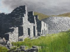ALWYN DEMPSTER JONES watercolour - old slate buildings and sheep at Cwmorthin, Blaenau Ffestiniog,