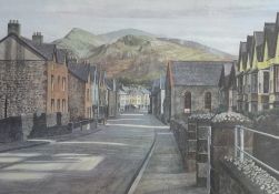 JANE CARPANINI coloured limited edition (301/850) print - street scene, Llanberis with Snowdon