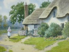 WARREN WILLIAMS ARCA watercolour - thatched cottage with lady on a path, signed, 18 x 23cms