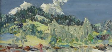 CHARLES WYATT WARREN oil on board - 'Glyn-y-Groes Abbey, near Llangollen', signed, 23 x 54 cms