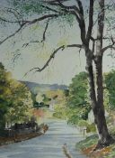 ROY MASON watercolour - peaceful tree lined rural lane with dwellings, signed, 53 x 36cms