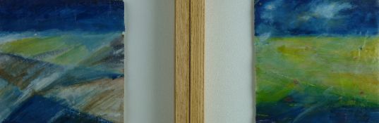 SONJA BENSKIN MESHER mixed media, a pair - landscapes 1. 'Bryn Hyfryd' and 2. 'Fron Oleu', 18 x 18