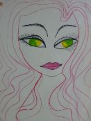 PAULA YATES (late wife of Bob Geldof) mixed media - portrait 'Pretty in Pink', drawn by the artist