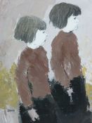 DONALD McINTYRE oil on board - two standing twins, signed with initials and entitled verso '