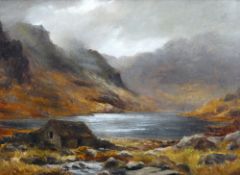 LILLIAN WOODCOCK oil on canvas - Llyn Ogwen with old building in the foreground under threatening