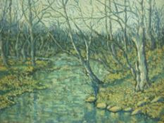 CHARLES WYATT WARREN early oil on board - stream and silver birches, signed and with original