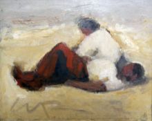 WILL ROBERTS oil - two figures together on a beach, one reclining, entitled verso 'Seashore',