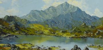 CHARLES WYATT WARREN oil on board - Snowdonia lake scene, signed in full and entitled label verso '