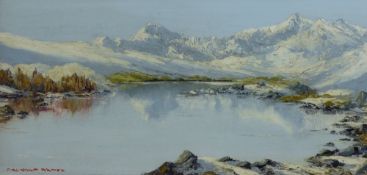 CHARLES WYATT WARREN oil on board - Llyn Mymbyr, Snowdon Horseshoe under snow, signed, 23 x 53cms